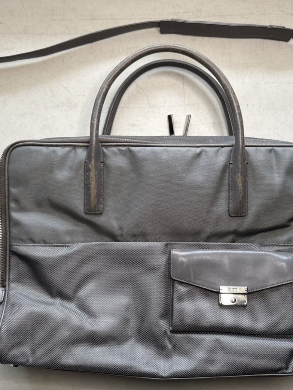 Vintage Tumi Ballistic Nylon Slim Laptop Tote Bag Gray Leather Handles Crossbody